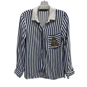 Zara Womens Size Small Stripe Button Down Shirt Nautical Crest Patch Long Sleeve